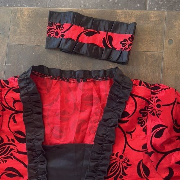 Victorian Dress Red Bow Floral Print Square Neckline Long Sleeves Matte - Picture 12 of 16